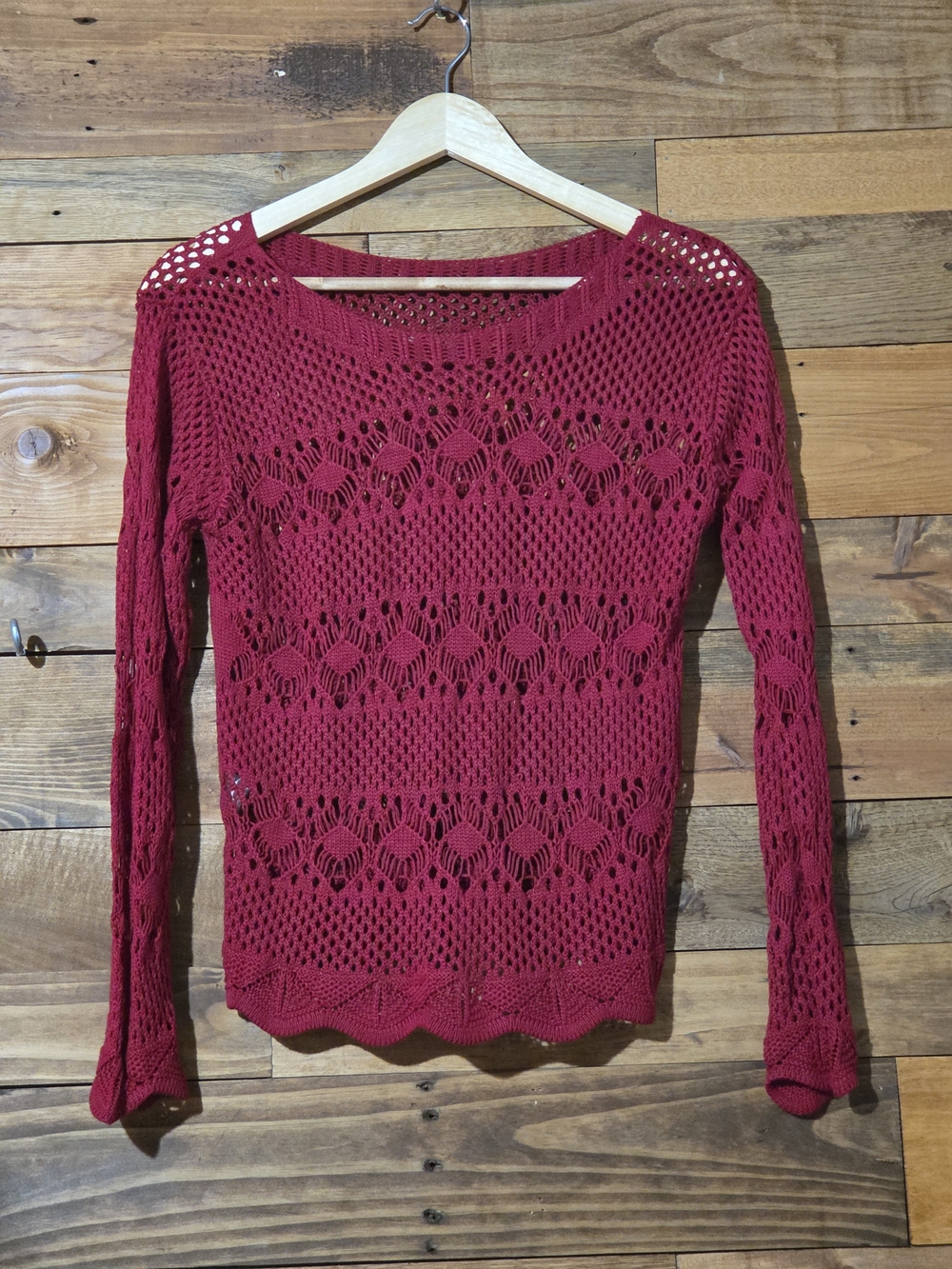 Burgundy Crochet Openwork Boho Romantic Sweater Top 100% Acrylic Size M